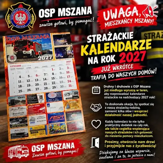 Strażacy z OSP Mszana rozpoczną dystrybucję kalendarzy na 2027 rok