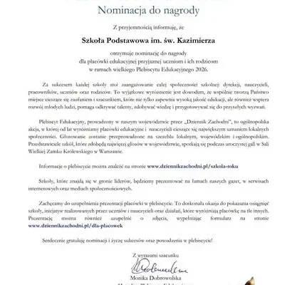 Szkoła nominowana w Plebiscycie Edukacyjnym Dziennika Zachodniego, ale rezygnuje z głosowania