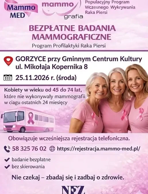 Bezpłatna mammografia w Gorzycach – 25 listopada 2026. Zapisy już trwają