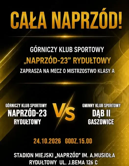 Naprzód-23 Rydułtowy zagra z rezerwami Dębu Gaszowice. Mecz już w sobotę