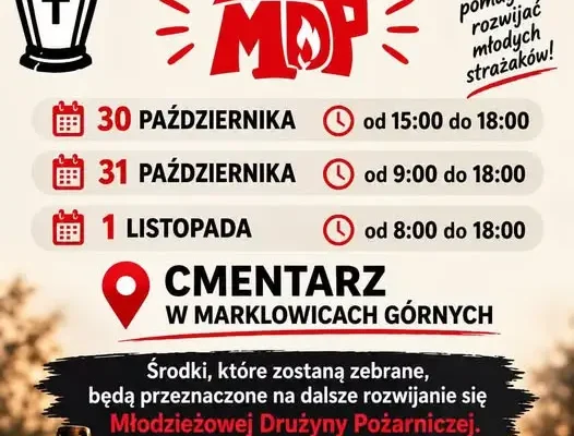 Młodzieżowa Drużyna Pożarnicza sprzedaje znicze przed cmentarzem w Marklowicach Górnych