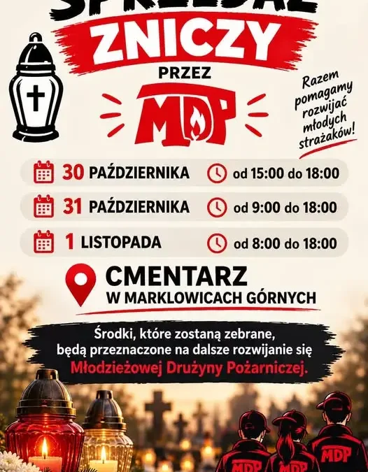 Młodzieżowa Drużyna Pożarnicza sprzedaje znicze przed cmentarzem w Marklowicach Górnych