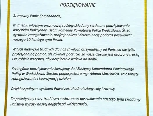 Podziękowania dla wodzisławskich policjantów za odnalezienie 10-letniego Pawła
