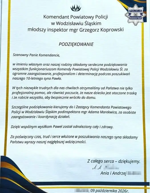 Podziękowania dla wodzisławskich policjantów za odnalezienie 10-letniego Pawła